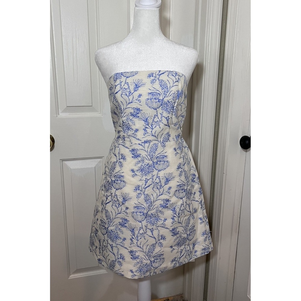 NWT Commense Blue White Floral Strapless Mini Dress Formal Beach Boho Women's M